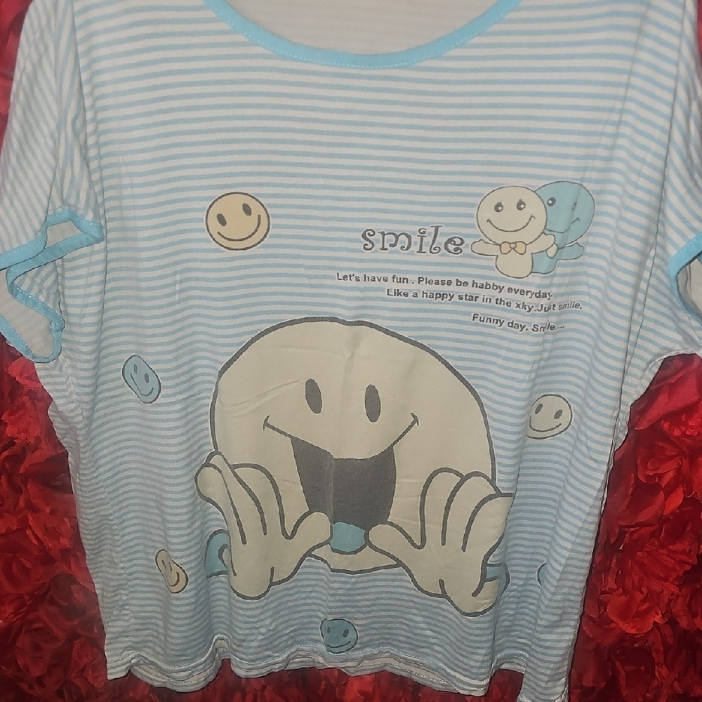 Women's Striped Pajama Shirt with Smiley Design Size Medium